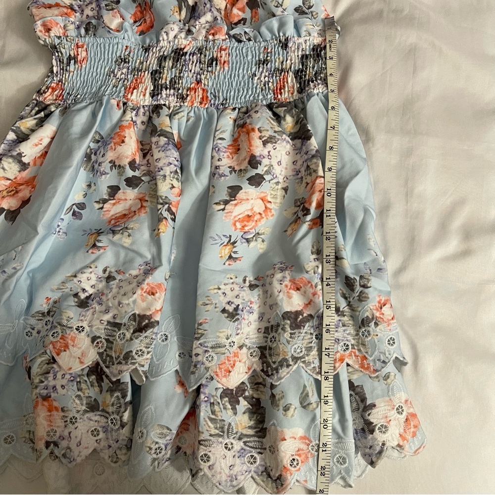 Light blue floral print halter neck deep V-neck ruffle scalloped hem mini dress - Picture 9 of 12